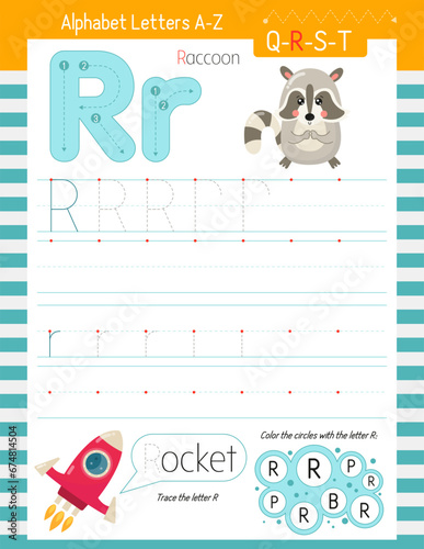Letter Tracing Worksheet for Activity Book for kids. For Letter R upper and lower case. Preschool tracing and writing practice for toddler and teacher. Vector printable page