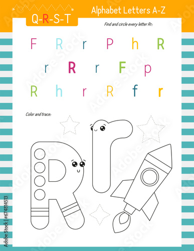 Letter Coloring Worksheet for Kids Activity Book. For Letter R upper and lower case. Preschool tracing lines, shapes and coloring practice for toddler and teacher. Vector printable page