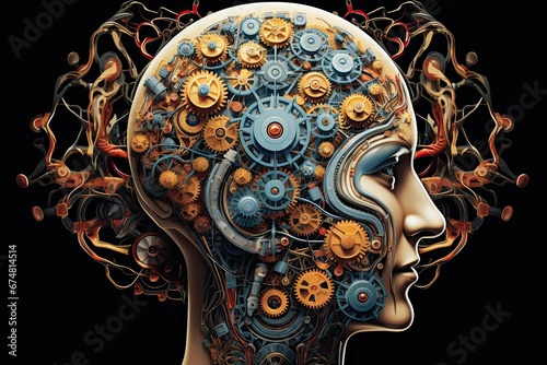 Human brain with gears and cogwheels, 3D rendering, Human head made of metal gears and cogwheels inside, Computing Mind, mental health and mechanism concept