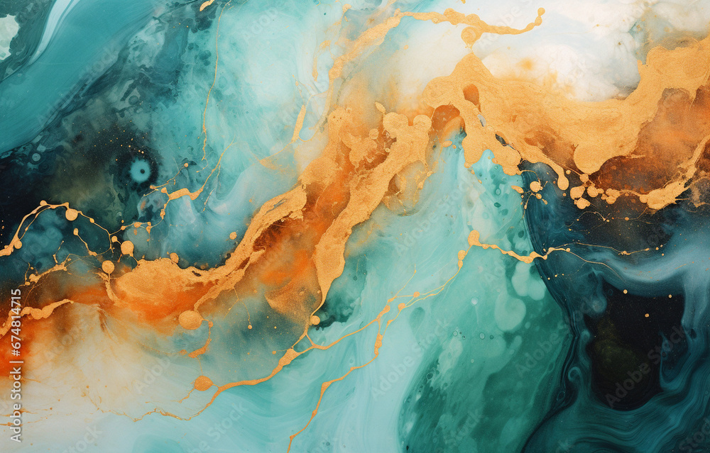 Fototapeta premium Paint Swirls in Beautiful Teal and Orange colors, with Gold Powder Background