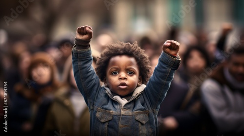 A black child raising a powerful fist. Symbolizing the spirit of protest