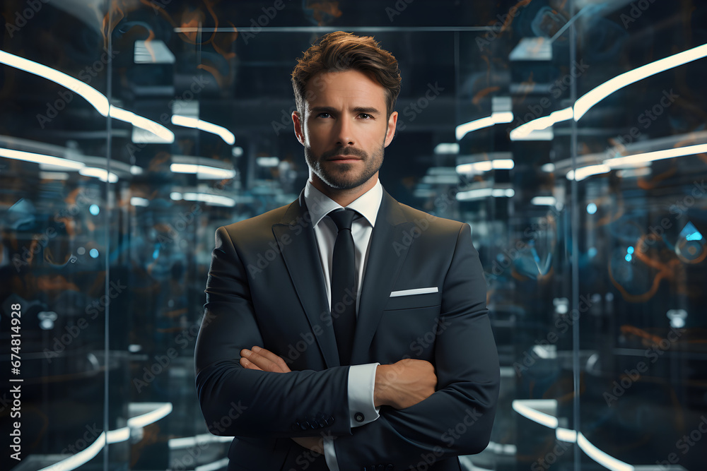 Smart, successful business person in office stands with crossed arms in photo collage, Smart, successful business person in office stands with crossed arms in photo collage,