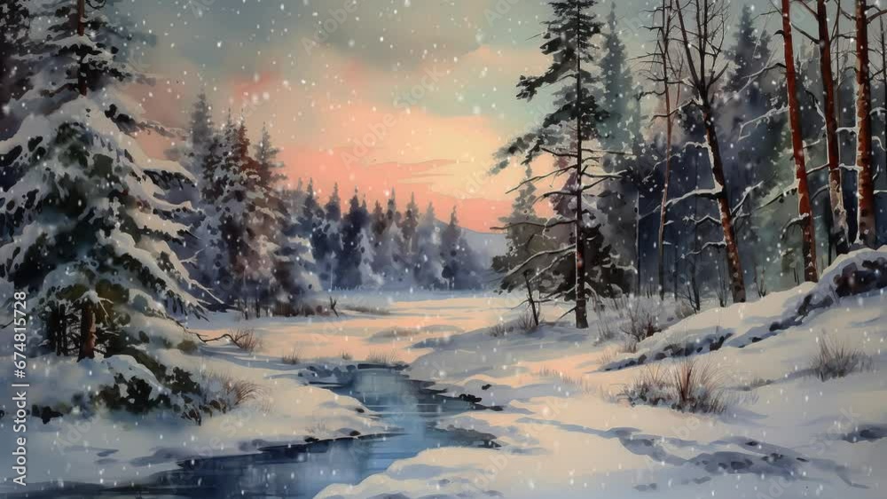 Winter landscape animation with falling white snow Winter landscape animation with falling white snow