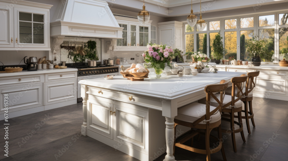 Front view of a modern designer kitchen with smooth handleless cabinets with black edges, black glass appliances, a marble island and marble countertops