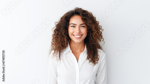 Portrait of a young beautiful woman in a white background wearing a simple tunic.   © BlazingDesigns