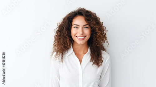 Portrait of a young beautiful woman in a white background wearing a simple tunic.