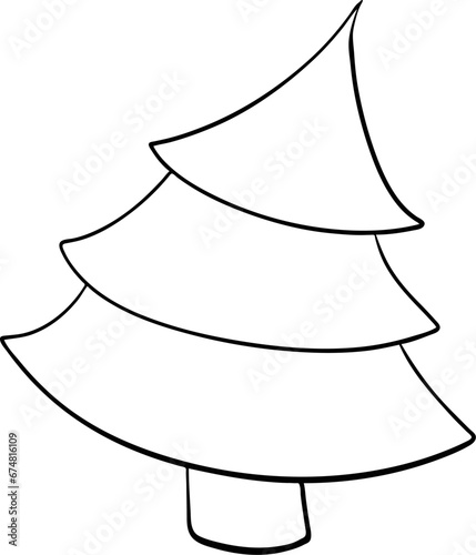 Hand drawn vector drawing of fir, spruce, pine. Black and white, contour, silhouette, cartoon style, doodle, sketch. Christmas tree, sign, symbol, decoration, holiday, winter, nature, plant, wood.