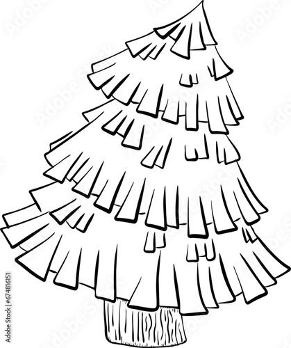 Hand drawn vector drawing of fir, spruce, pine. Black and white, contour, silhouette, cartoon style, doodle, sketch. Christmas tree, sign, symbol, decoration, holiday, winter, nature, plant, wood.