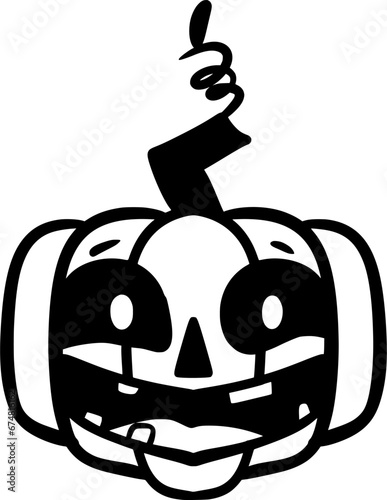 Hand drawn vector drawing of happy pumpkin, Jack o lantern. Black and white, cartoon style, doodle, silhouette, contour. Face,character,Halloween,October,cute, spooky,vegetable,symbol,sign,scary,funny
