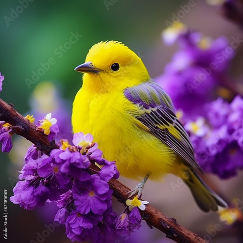 yellow bird and purple flowers tree