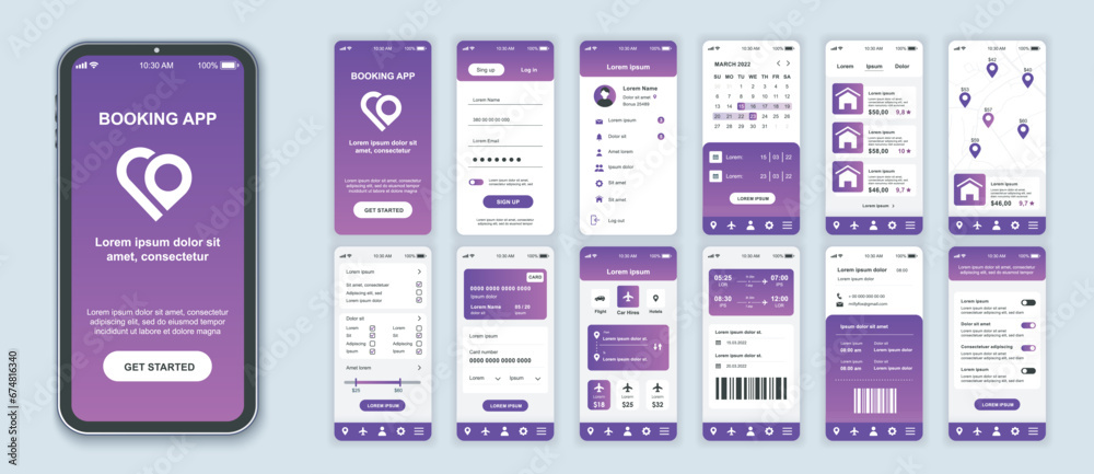 Booking mobile app interface screens template set. Online account, login, hotel or flight ticket order, location at map, settings. Pack of UI, UX, GUI kit for application web layout. Vector design. - obrazy, fototapety, plakaty 