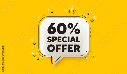 60 percent discount offer tag. 3d speech bubble yellow banner. Sale price promo sign. Special offer symbol. Discount chat speech bubble message. Talk box infographics. Vector