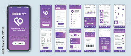 Booking mobile app interface screens template set. Online account, login, hotel or flight ticket order, location at map, settings. Pack of UI, UX, GUI kit for application web layout. Vector design.