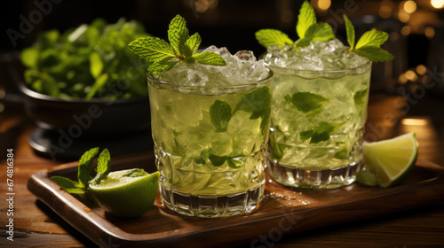 Close-up of two glasses of mojito cocktail with ice cubes on a dark background. Low angle view.