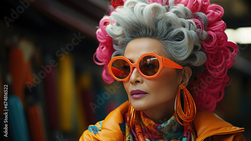Photo of old mature stylish energetic woman wearing vivid spectacles.