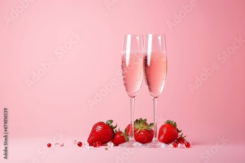 Champagne Flutes on a Pink Background with Strawberries