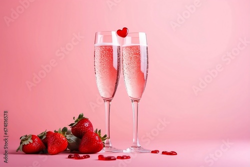 Champagne Flutes on a Pink Background with Strawberries