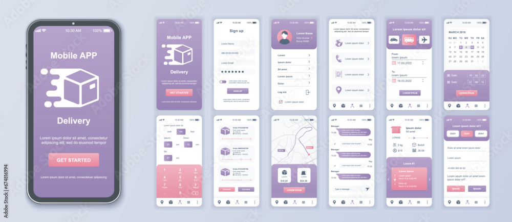 Delivery mobile app interface screens template set. Online account, logistic service, calendar, parcel calculate, tracking order. Pack of UI, UX, GUI kit for application web layout. Vector design. - obrazy, fototapety, plakaty 