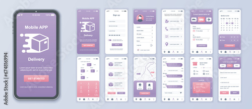 Delivery mobile app interface screens template set. Online account, logistic service, calendar, parcel calculate, tracking order. Pack of UI, UX, GUI kit for application web layout. Vector design. photo