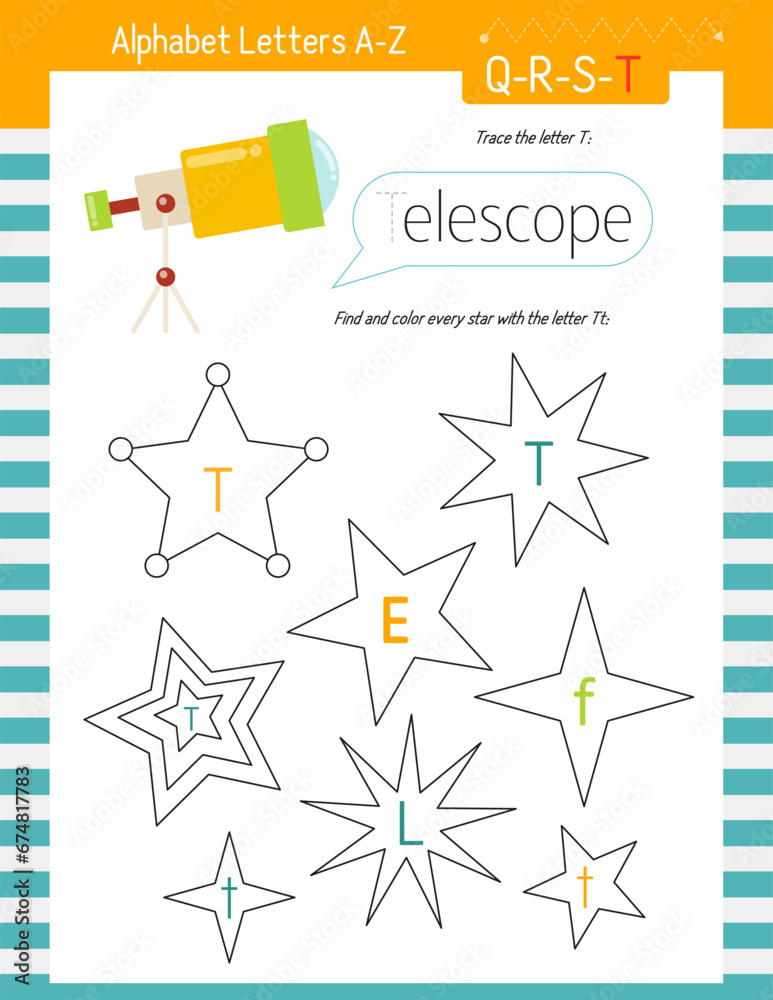 Letter Trace, find and color Worksheet for Kids Activity Book. For Letter T. Preschool activities for toddler and teacher. Vector printable page for Exercise book. Cute illustration – Telescope.