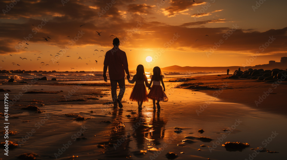 Happy family together on the beach in holiday. Silhouette of the family holding hands enjoying the sunset on the beach. Happy family travel and vacations concept.