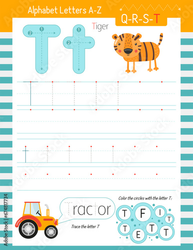Letter Tracing Worksheet for Activity Book for kids. For Letter T upper and lower case. Preschool tracing and writing practice for toddler and teacher. Vector printable page