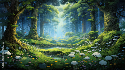 Enchanted forest with small ponds.