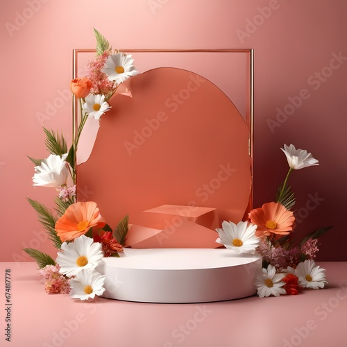 minimal product display podium with flowers and geometric shapes