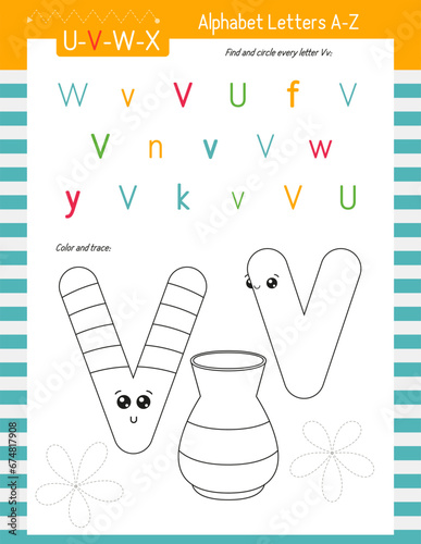 Letter Coloring Worksheet for Kids Activity Book. For Letter V upper and lower case. Preschool tracing lines, shapes and coloring practice for toddler and teacher. Vector printable page