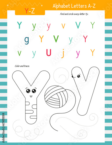 Letter Coloring Worksheet for Kids Activity Book. For Letter Y upper and lower case. Preschool tracing lines, shapes and coloring practice for toddler and teacher. Vector printable page