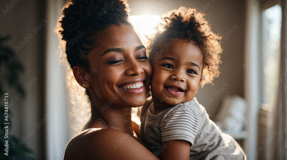 Portrait of black mother and adorable little girl in house spending quality time together, laugh together, space for text - obrazy, fototapety, plakaty 