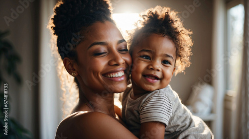 Portrait of black mother and adorable little girl in house spending quality time together, laugh together, space for text photo