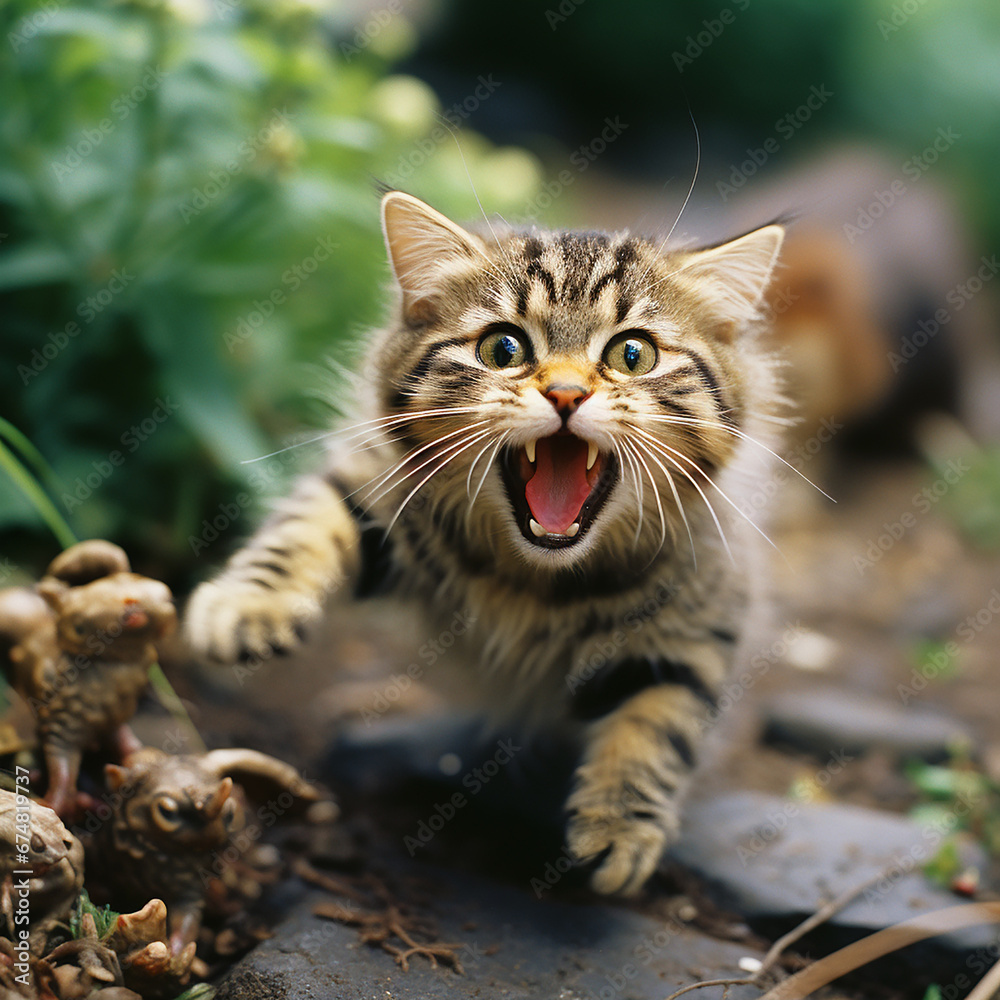 Kitten runs after prey, kitten jumping, fluffy cat hunts, close-up, pet predator Kitten runs after prey, kitten jumping, fluffy cat hunts, close-up, pet predator