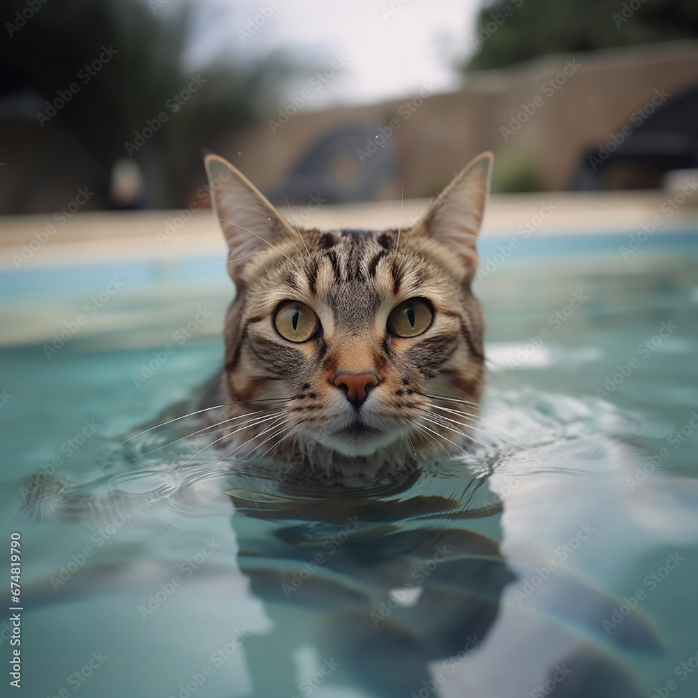 Сat swims in pool with clear clean water, close-up, an unusual situation with pet 