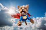 Funny photo of a super hero action figure dog flying through the sky and clouds on a sunny day with blue suit and red cape