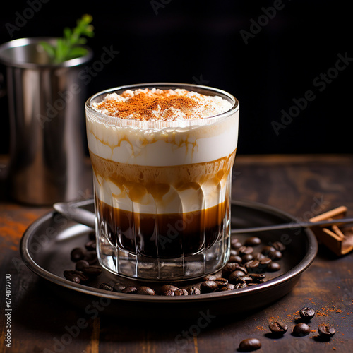 A cup of delicious aromatic cappuccino with thick milk foam, on a plate with coffee beans and cinnamon, an excellent drink for breakfast, close-up 