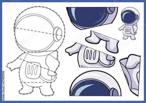 Kids craft paper puzzle game. Cut and glue simply parts of drawing. Worksheet and activity page for children. Worksheet сutout cartoon astronaut. Vector illustration. 