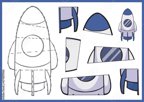 Kids craft paper puzzle game. Cut and glue simply parts of drawing. Worksheet and activity page for children. Worksheet papercraft cartoon rocket. Vector illustration. 