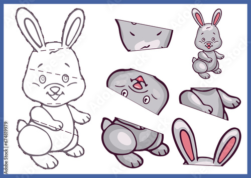 Kids craft puzzle game. Cut and glue simply paper parts drawing of bunny. Worksheet and activity page for children. Worksheet papercraft cartoon animal. Vector illustration. 