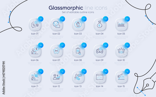 Set of Calendar, Car leasing and Euro rate line icons for web app. Internet pay, Bid offer, Crown icons. Business growth, Business person, Discounts chat signs. Money diagram. Vector