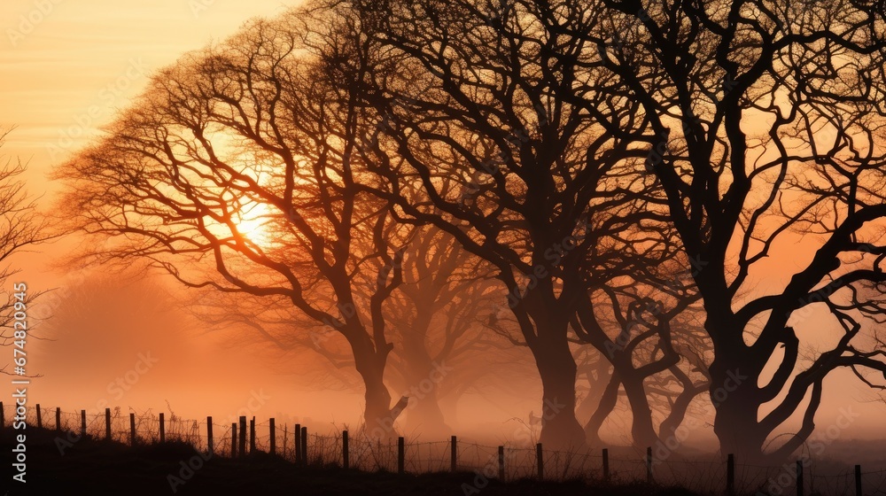 Trees and hedgerows silhouetted in the cold winter morning