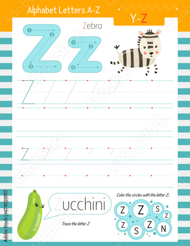 Letter Tracing Worksheet for Activity Book for kids. For Letter Z upper and lower case. Preschool tracing and writing practice for toddler and teacher. Vector printable page