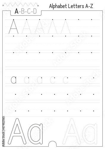 Letter Tracing Worksheet for Kids workbook. For Letter A upper and lower case. Preschool tracing and handwriting practice for developing writing skills. Black and white Vector lined page