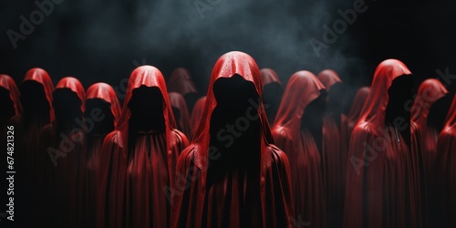 A mesmerizing scene of people in vibrant red cloaks with hoods, gathered in a mysterious and enigmatic setting. The dramatic atmosphere, rich in symbolism, evokes a sense of secrecy and intrigue.