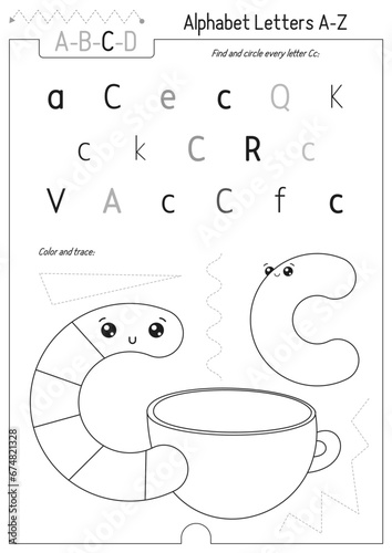Letter Coloring Worksheet for Kids Activity Book. For Letter C upper and lower case. Preschool tracing lines, shapes and coloring practice for toddler and teacher. Black and white Vector printable 