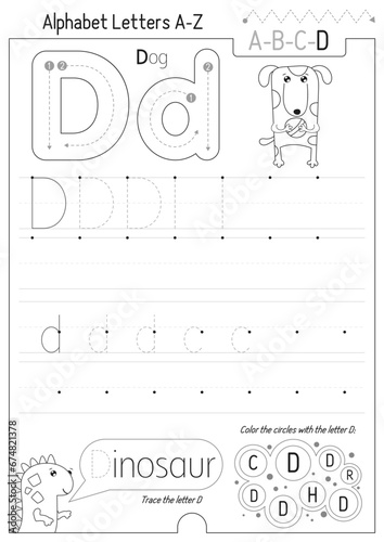 Letter Tracing Worksheet for Activity Book for kids. For Letter D upper and lower case. Preschool tracing and writing practice for toddler and teacher. Black and white Vector printable page