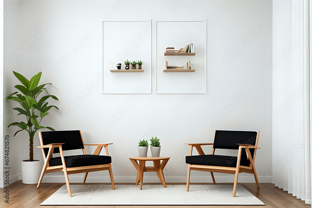 Fototapeta premium Living room design with aesthetic frame mockup, two wooden chairs on white wall
