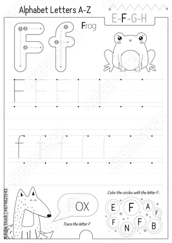 Letter Tracing Worksheet for Activity Book for kids. For Letter F upper and lower case. Preschool tracing and writing practice for toddler and teacher. Black and white Vector printable page