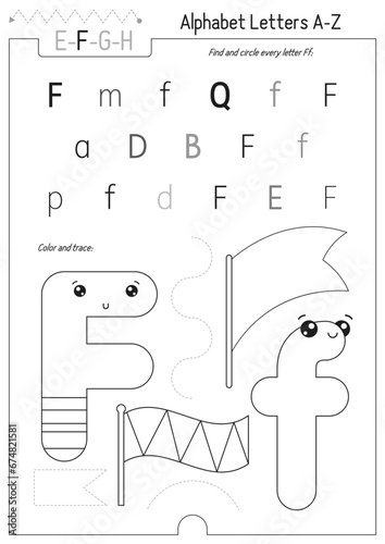 Letter Coloring Worksheet for Kids Activity Book. For Letter F upper and lower case. Preschool tracing lines, shapes and coloring practice for toddler and teacher. Black and white Vector printable