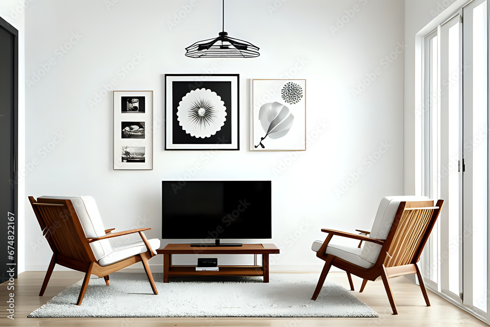 Fototapeta premium Living room design with aesthetic frame mockup, two wooden chairs, tv screen and white wall